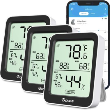 Govee Indoor Hygrometer Thermometer 3 Pack, Bluetooth Humidity Temperature Gauge with Large LCD Display, Notification Alert with Max Min Records, 2 Years Data Storage Export for Room Greenhouse, Black